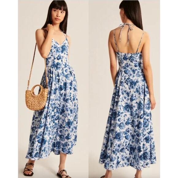 Abercrombie & Fitch Dresses & Skirts - Abercrombie & Fitch Strappy Plunge Corset Maxi Blue White Floral Maxi Dress XL